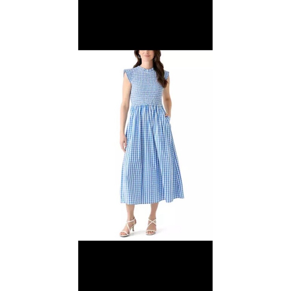 Crown & Ivy Blue Gingham Smocked Midi Dress Sleeveless Womens Size 8 Excellent